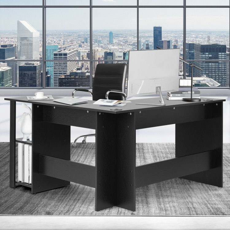 L-shaped black computer desk with spacious surface and 2-tier shelves, ideal for corner home office setups.